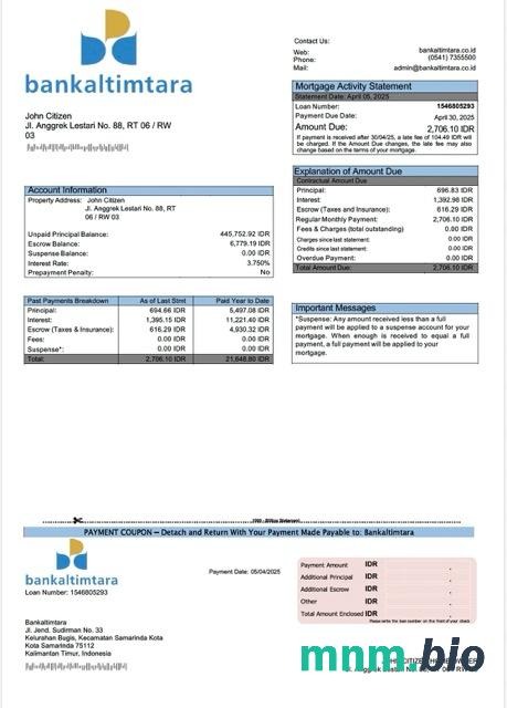 Indonezja Bankaltimtara wyciąg z kredytu hipotecznego szablon Word i PDF